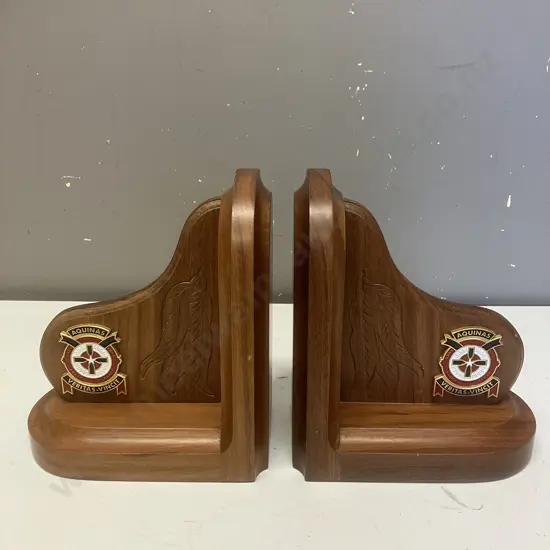 Aquinas College Crest With Motto Wooden Bookends. 22 x 38cm