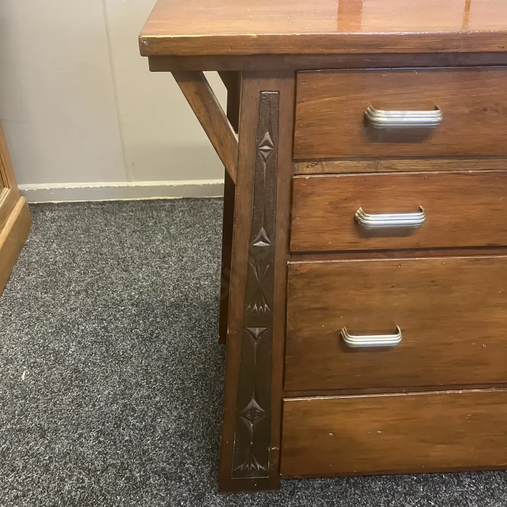 Antique Four Drawer Dresser With Mirror - Hand Carved Supports & Inside Drawer Front Image 1++