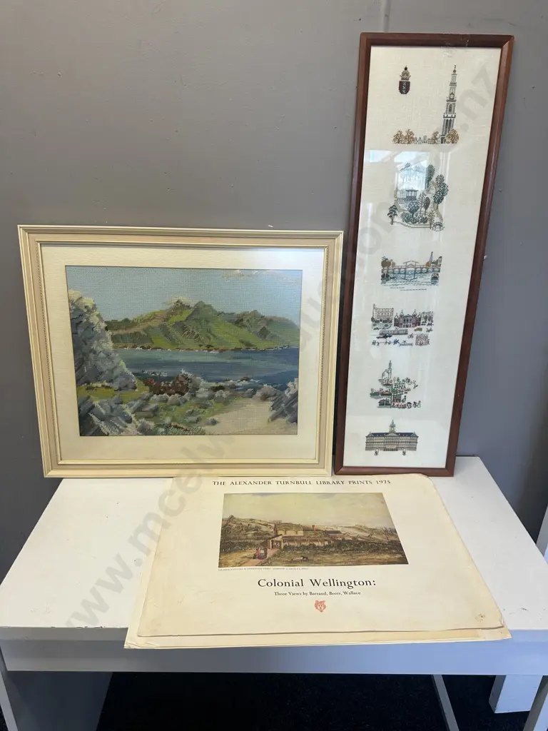 Vintage Framed Tapestry Artwork & The Alexander Turnbull Library Prints Colonial Wellington Image 1++