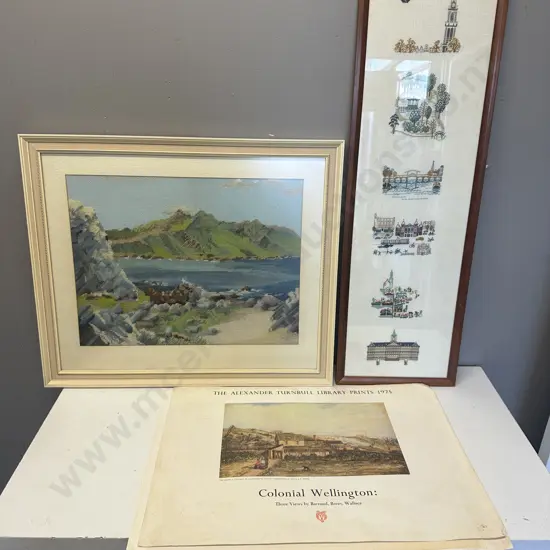 Vintage Framed Tapestry Artwork & The Alexander Turnbull Library Prints Colonial Wellington