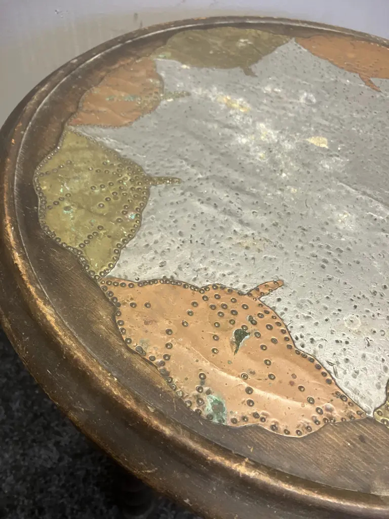 Antique Wooden Round Topped Side Table With Brass & Copper Leaf Patterned Top. 49 x 44.5cm Image 1++