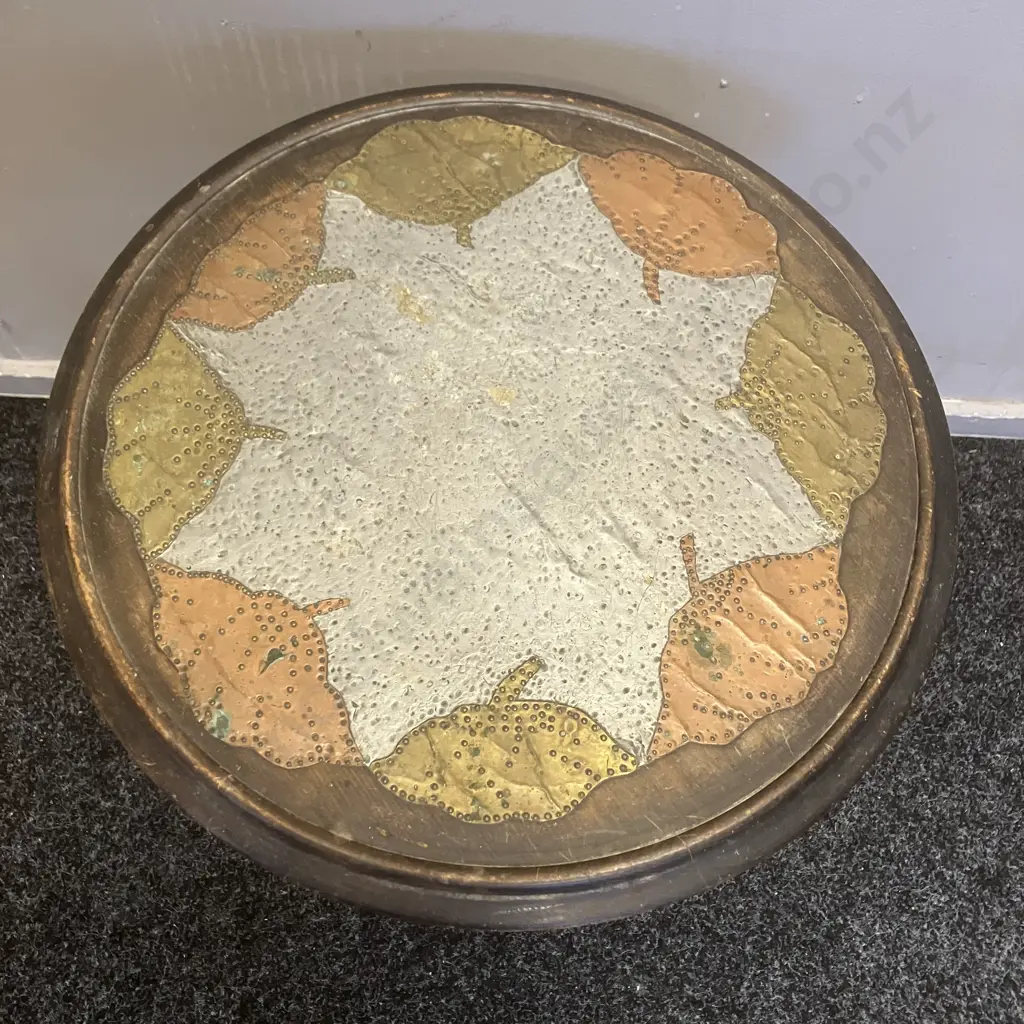 Antique Wooden Round Topped Side Table With Brass & Copper Leaf Patterned Top. 49 x 44.5cm Image 1++