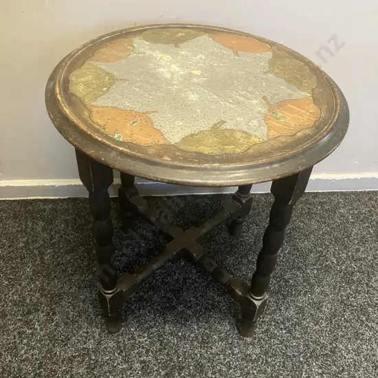 Antique Wooden Round Topped Side Table With Brass & Copper Leaf Patterned Top. 49 x 44.5cm