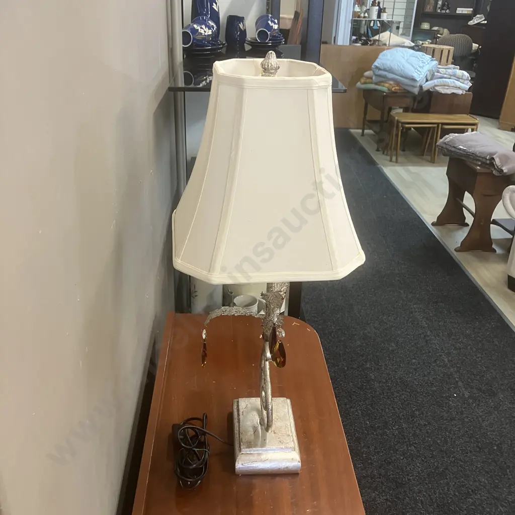 Heavy Metal Table Lamp With Glass Drops & White Fabric Shade. H67cm Image 1++