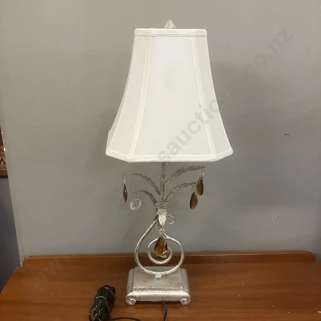Heavy Metal Table Lamp With Glass Drops & White Fabric Shade. H67cm Image 1++
