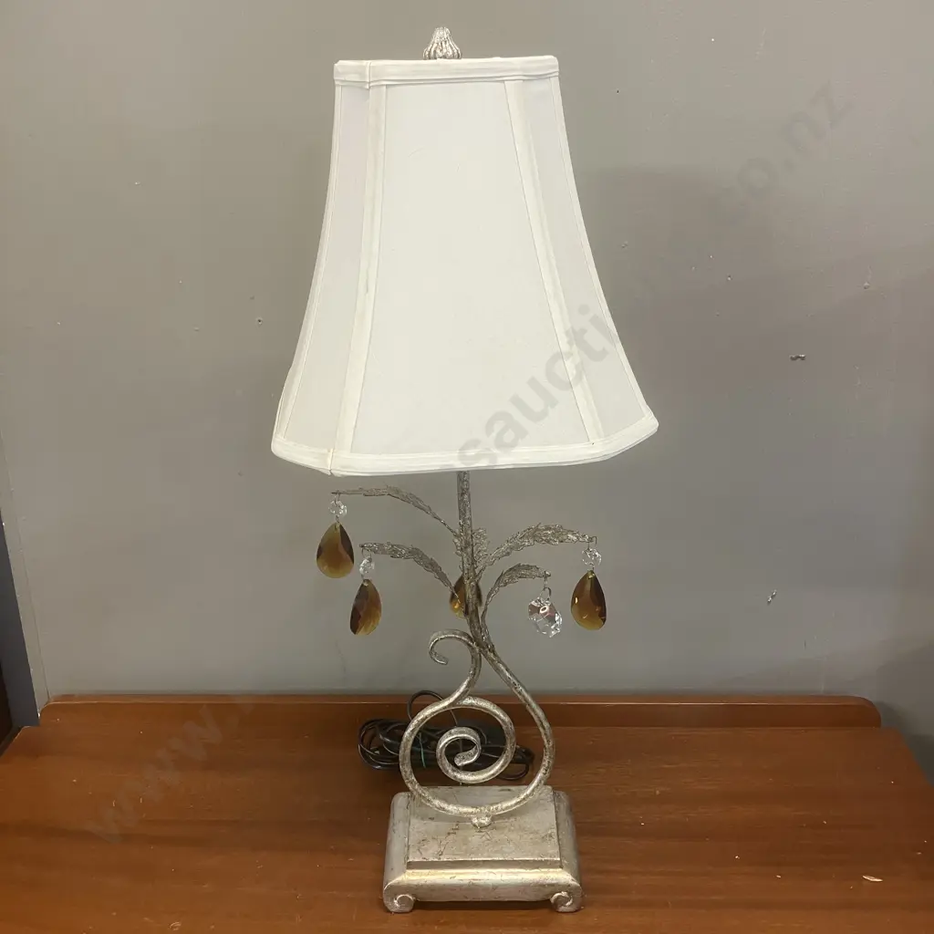 Heavy Metal Table Lamp With Glass Drops & White Fabric Shade. H67cm Image 1++