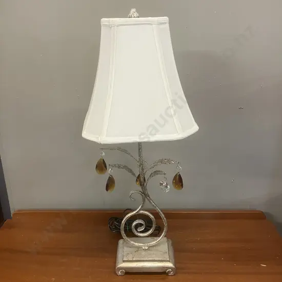 Heavy Metal Table Lamp With Glass Drops & White Fabric Shade. H67cm