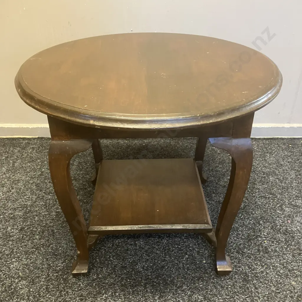 Antique Wooden Round Topped Side Table With Curved Legs & Lower Shelf. 47 x 57cm Image 1++