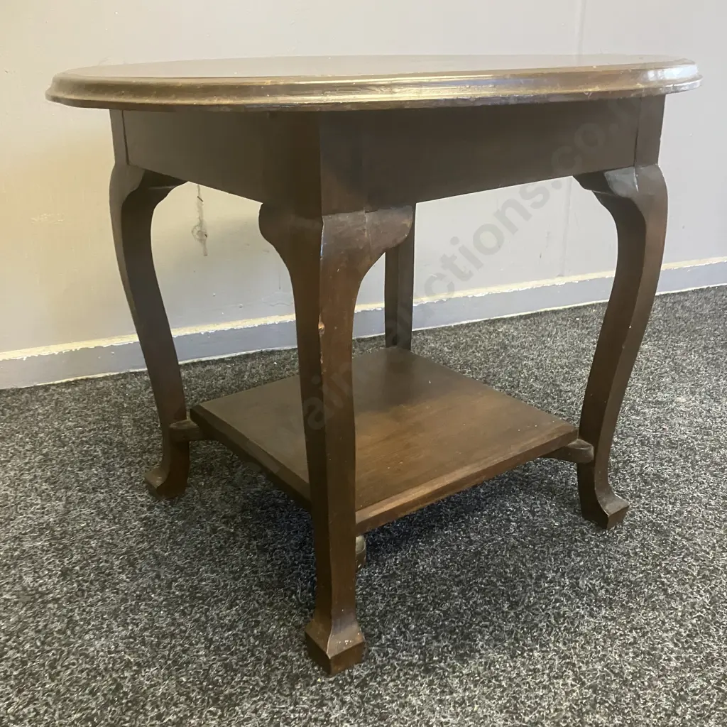 Antique Wooden Round Topped Side Table With Curved Legs & Lower Shelf. 47 x 57cm Image 1++