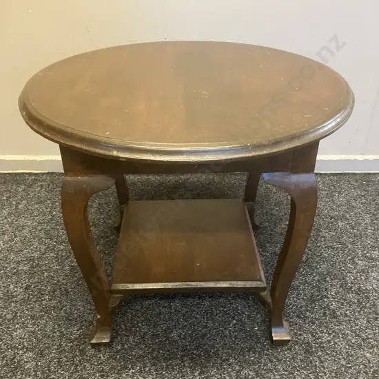 Antique Wooden Round Topped Side Table With Curved Legs & Lower Shelf. 47 x 57cm