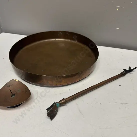 Round Antique Copper Serving Or Decorative Tray With Candle Holder & Decorative Item