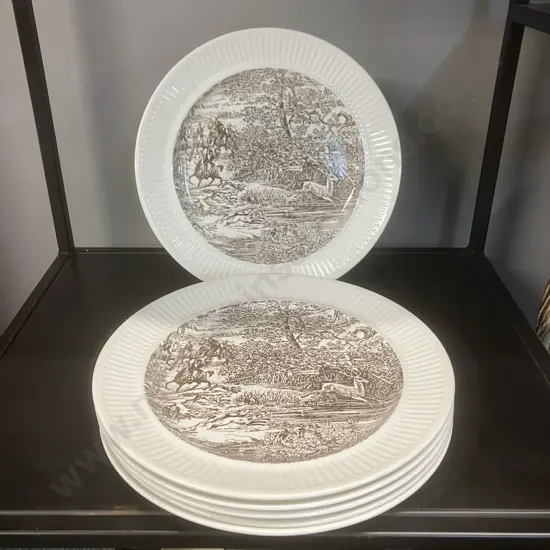 Set of Six Rare Crown Lynn Countryside Pattern Dinner Plates In Brown. Dia26cm