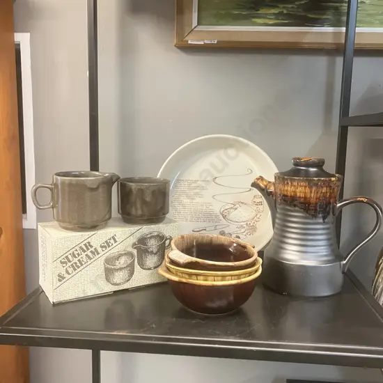 Crown Lynn Items - 'Time Out' Teapot 1258, Recipe Collection 5627, Sugar Bowl & Cream Jug In Original Box Etc