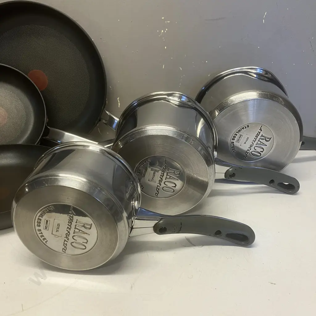 Three RACO Pots With Lids & Three TEFAL Hard Anodised Frying pans Image 1++