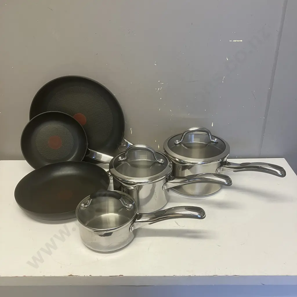 Three RACO Pots With Lids & Three TEFAL Hard Anodised Frying pans Image 1++