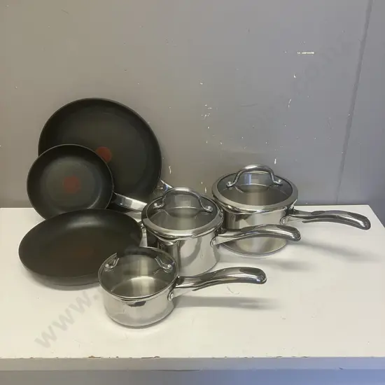 Three RACO Pots With Lids & Three TEFAL Hard Anodised Frying pans