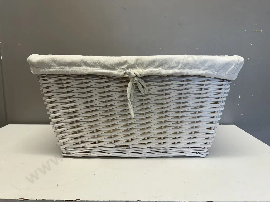 Vintage White Cane Rectangular Basket/Hamper H28,W53,D22cm. Image 1++