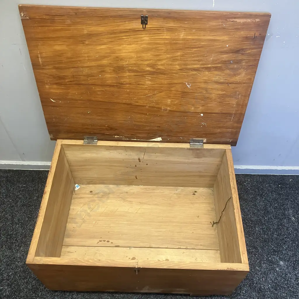 Antique Solid Wood Storage Chest On Metal Castors, Hinged Top. H38 W71 D50cm (Borer Holes In Base) Image 1++