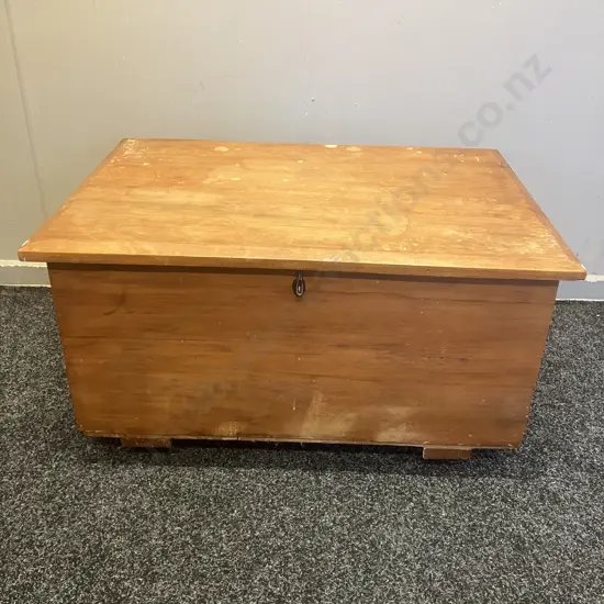 Antique Solid Wood Storage Chest On Metal Castors, Hinged Top. H38 W71 D50cm (Borer Holes In Base)