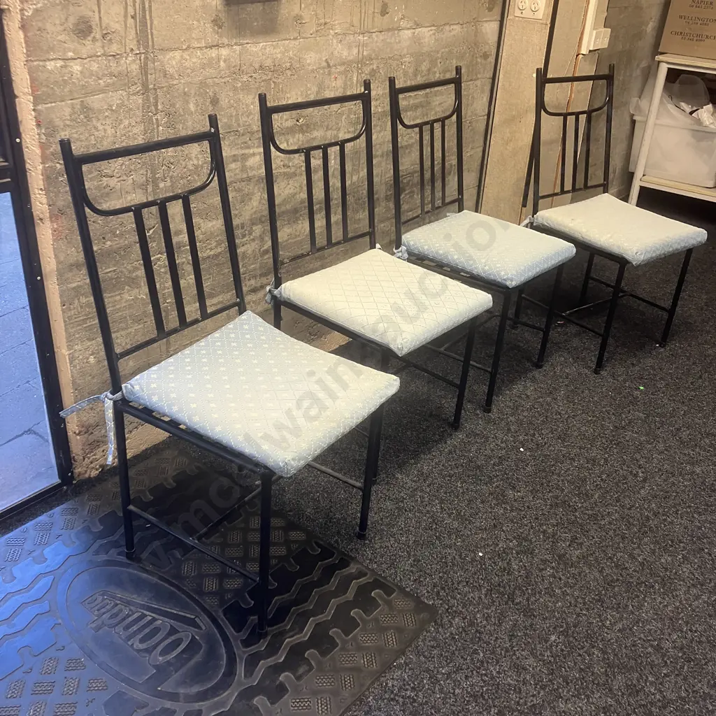 Set of 4 Black Steel Chairs With Tie-On Seat Cushions Image 1++
