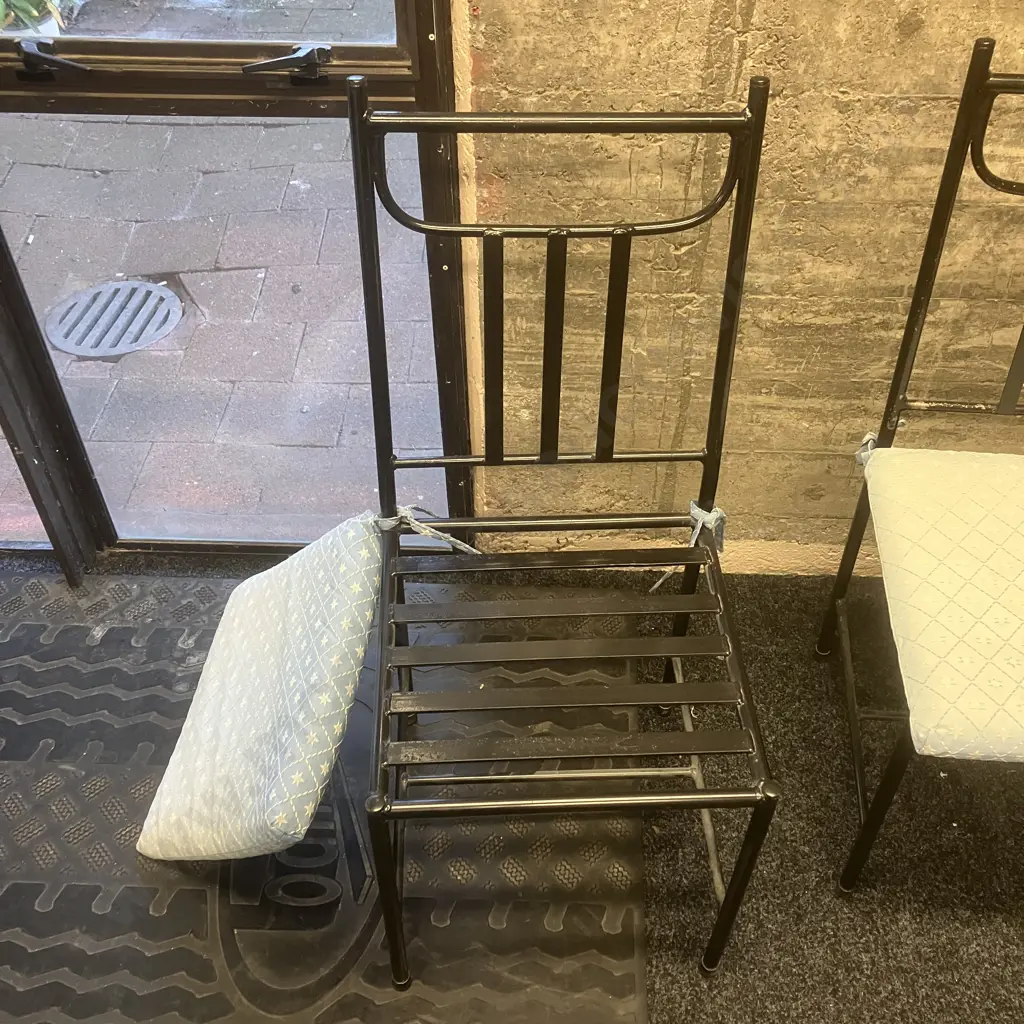 Set of 4 Black Steel Chairs With Tie-On Seat Cushions Image 1++