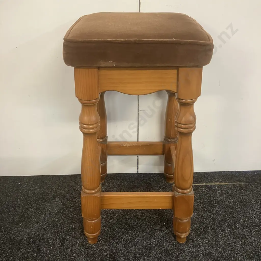 Pine Colonial Barstool With Brown Upholstered Seat. 70 x 35cm Image 1++