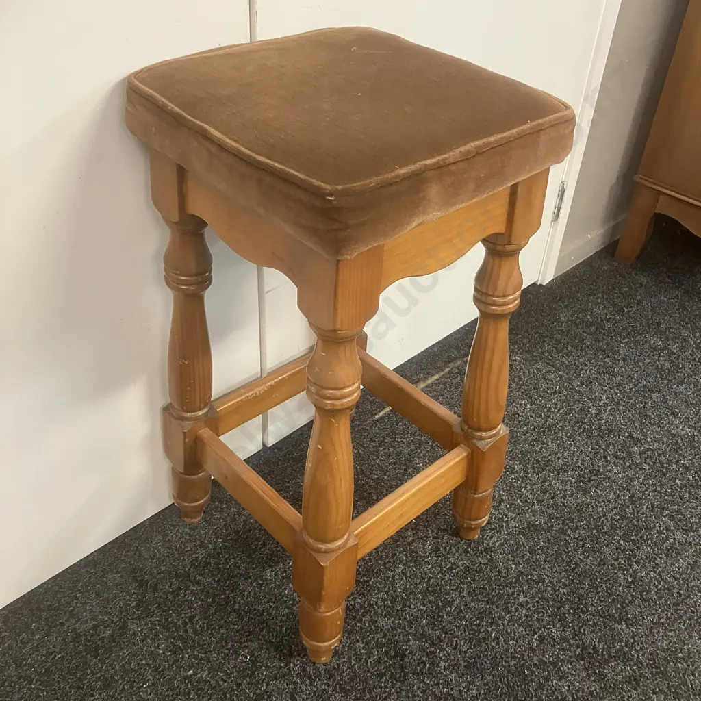 Pine Colonial Barstool With Brown Upholstered Seat. 70 x 35cm Image 1++