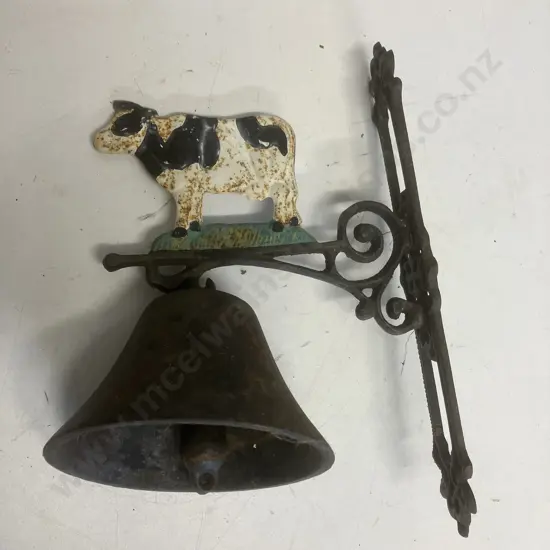 Cast Iron Bell With Painted Cow & Wall Bracket. 32 x 21cm