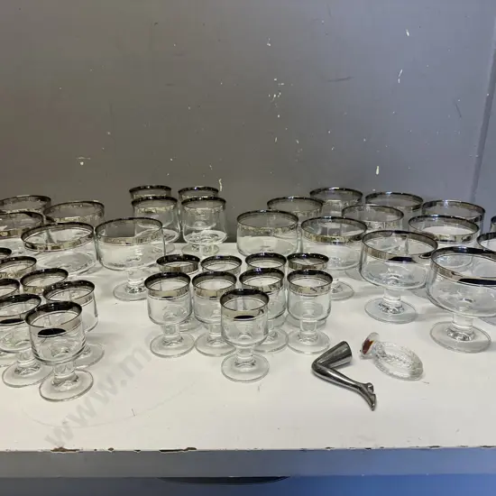 Selection of Vintage Silver Rimmed Glasses Including Sundae Dishes, Wine Etc