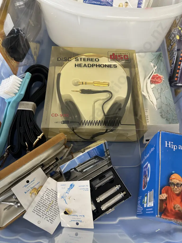 Clear Blue Lidded Bin With Assorted Items Including Headphones, Tupperware, Vintage Items Etc Image 1++