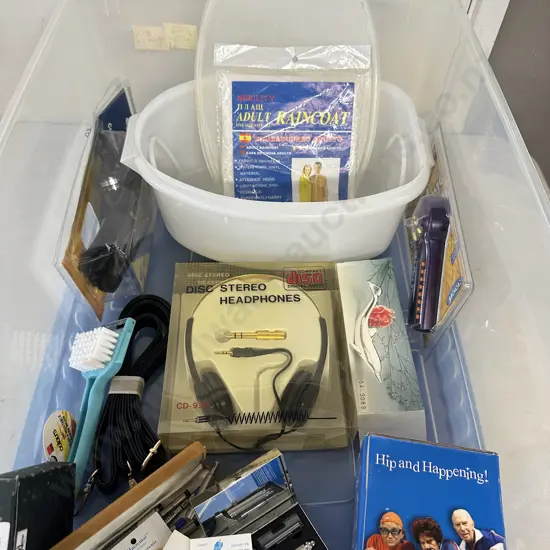 Clear Blue Lidded Bin With Assorted Items Including Headphones, Tupperware, Vintage Items Etc