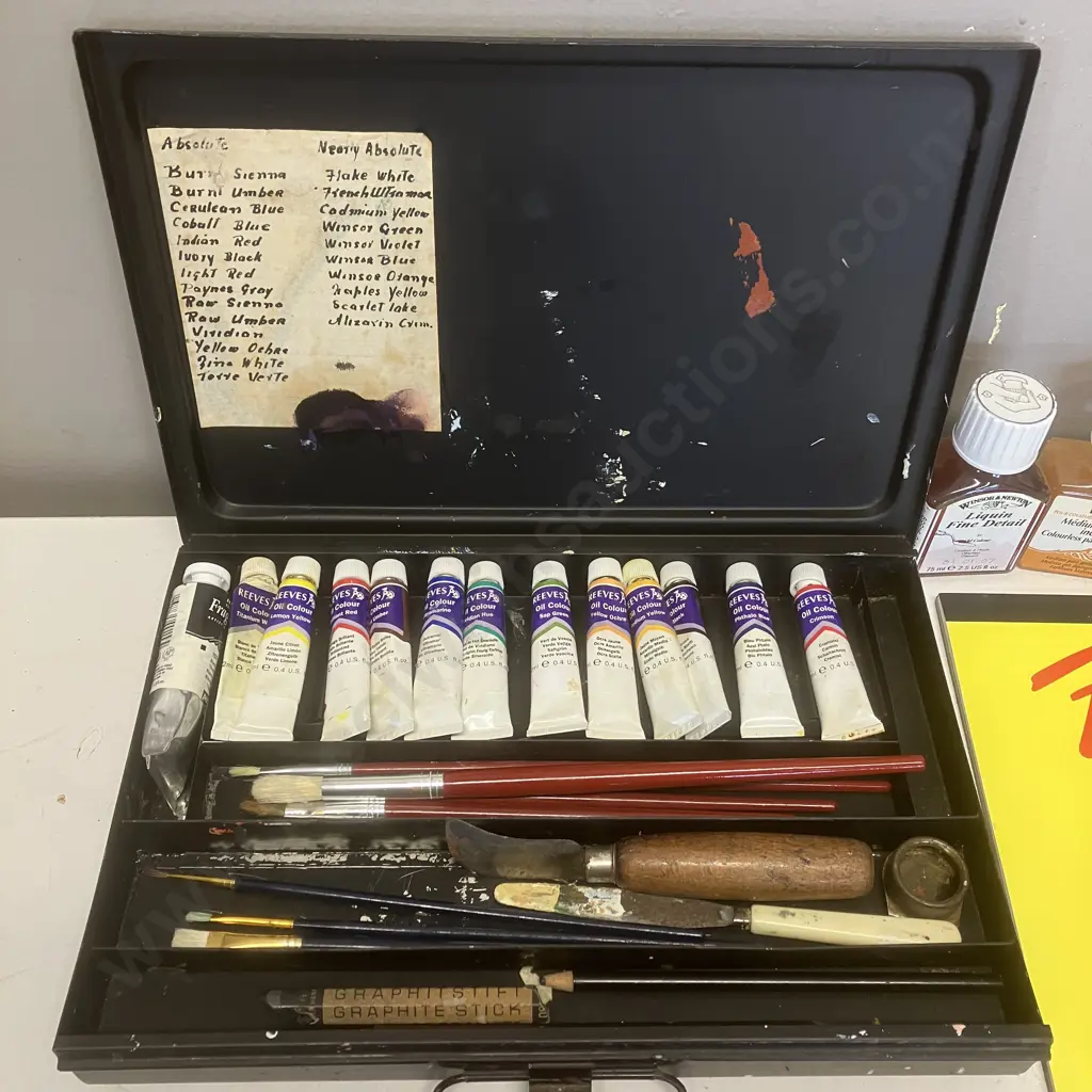 Assorted Art Supplies - Oils Includes Vintage Metal Artists Tin, & Watercolour Paints In Box Image 1++