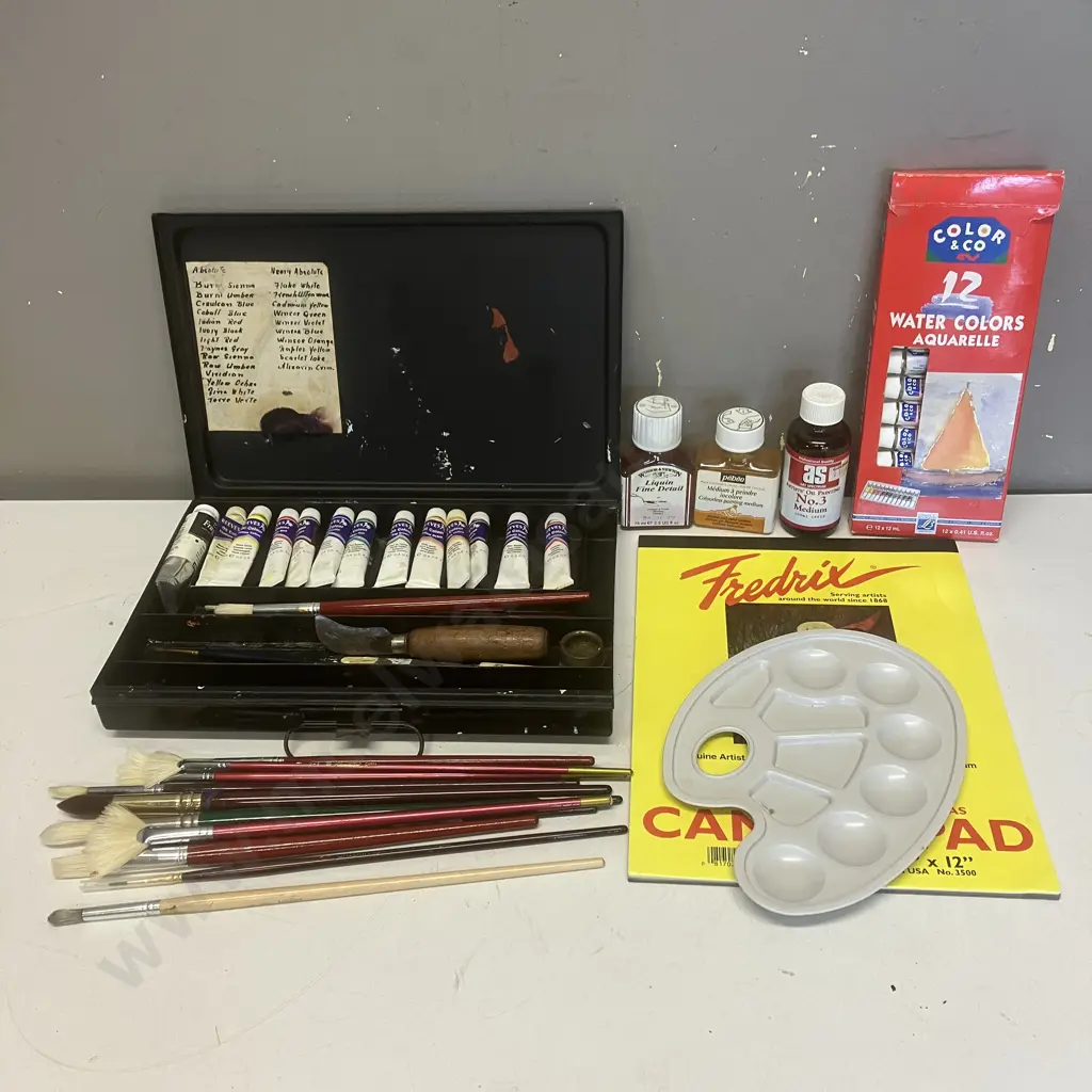 Assorted Art Supplies - Oils Includes Vintage Metal Artists Tin, & Watercolour Paints In Box Image 1++