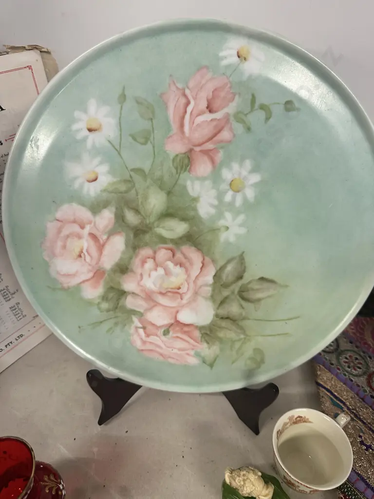 Bohemian Red Glass Vase, Table Runner, Hutschenreuther Plate Etc Image 1++