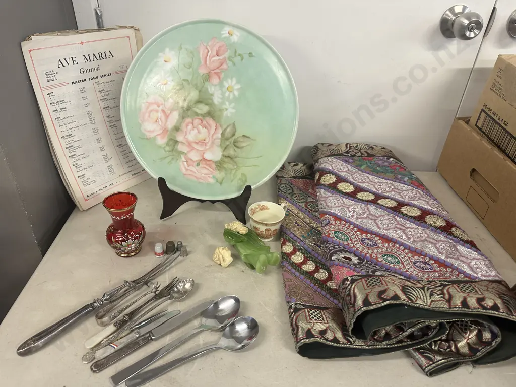 Bohemian Red Glass Vase, Table Runner, Hutschenreuther Plate Etc Image 1++