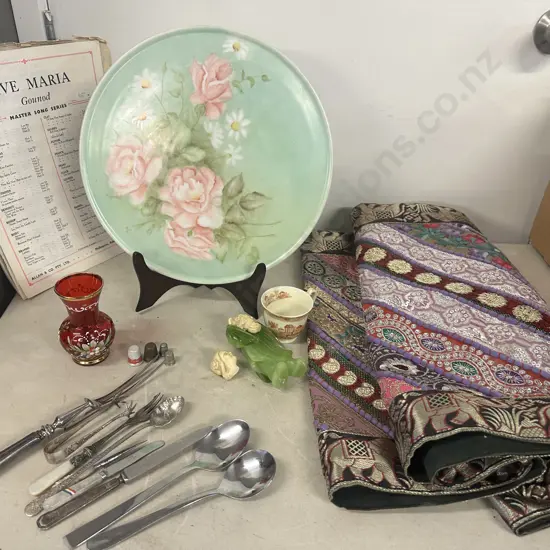 Bohemian Red Glass Vase, Table Runner, Hutschenreuther Plate Etc