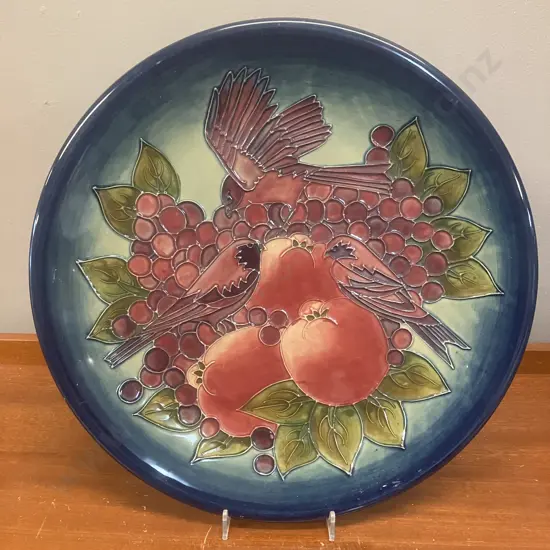 Vintage Moorcroft Pottery Large Charger Plate, Finches Pattern On Pale Cobalt Blue Background. 35cm