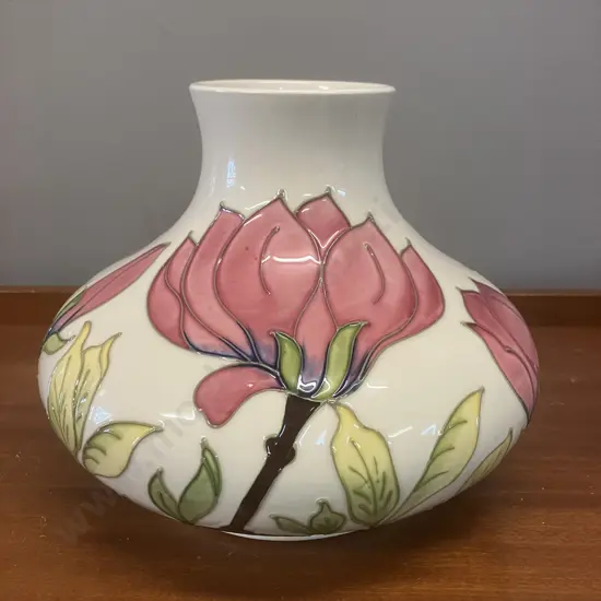 Moorcroft Magnolia Pattern 20 x 25cm Squat Vase, (As Found)