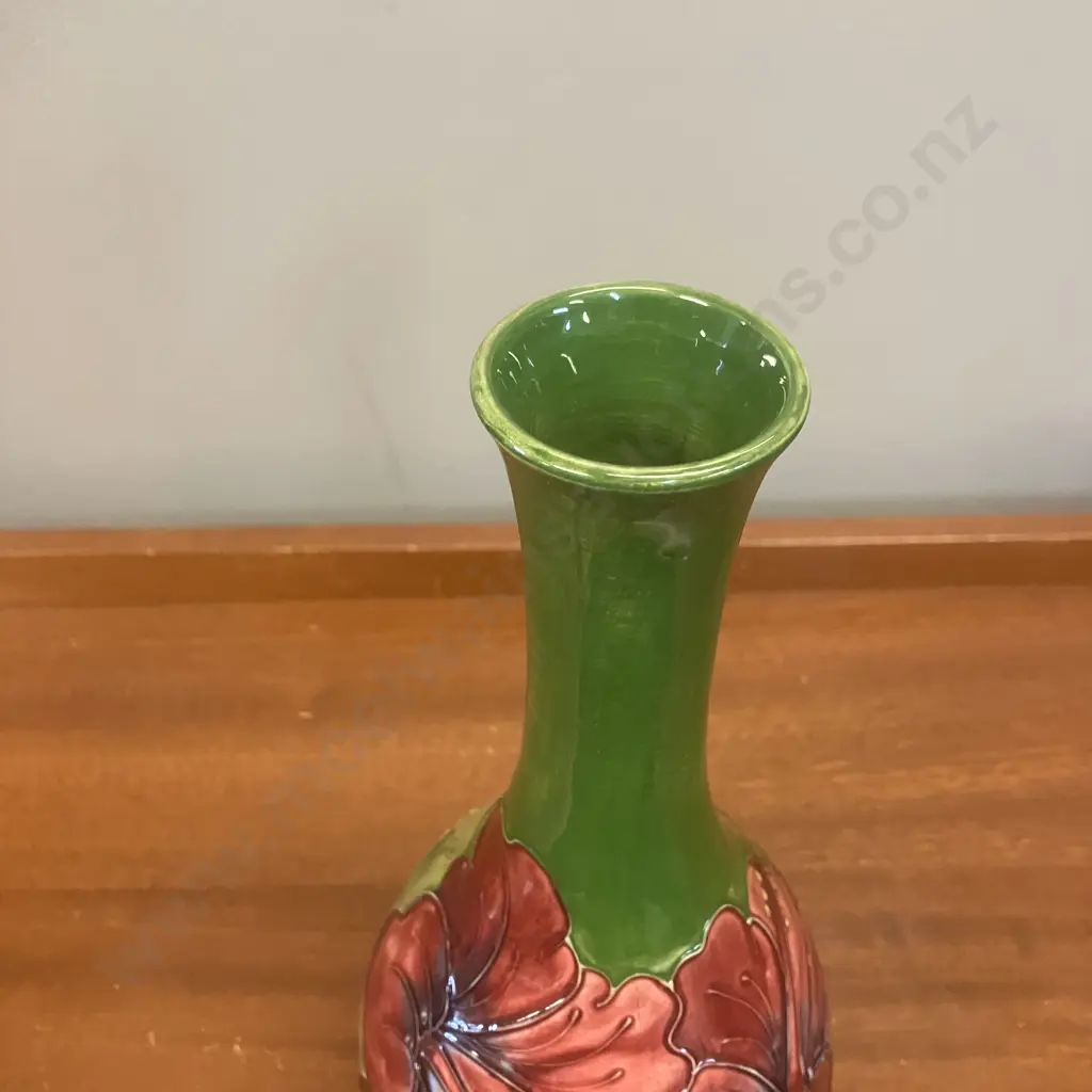 Moorcroft Pottery Hibiscus Pattern On Olive Green Slender Neck Vase. H27cm Image 1++