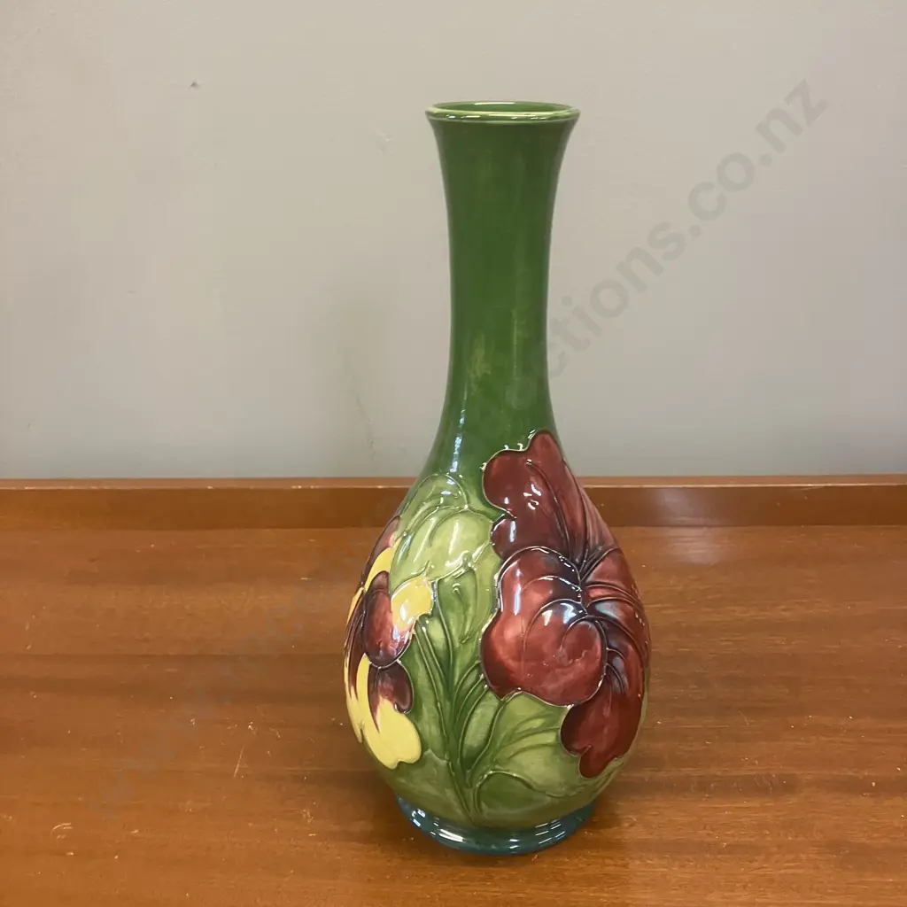 Moorcroft Pottery Hibiscus Pattern On Olive Green Slender Neck Vase. H27cm Image 1++