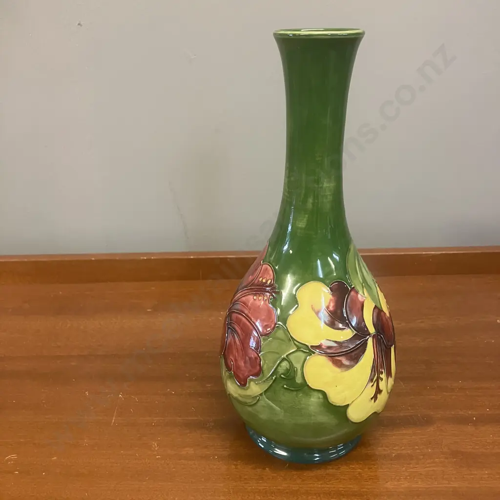 Moorcroft Pottery Hibiscus Pattern On Olive Green Slender Neck Vase. H27cm Image 1++