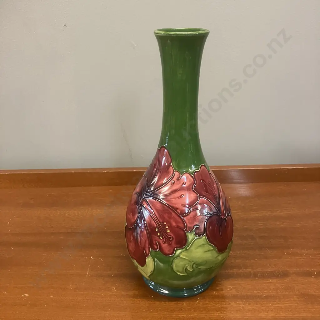 Moorcroft Pottery Hibiscus Pattern On Olive Green Slender Neck Vase. H27cm Image 1++