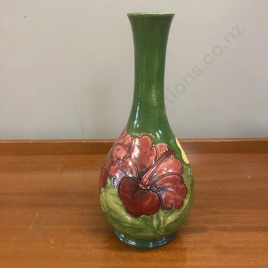 Moorcroft Pottery Hibiscus Pattern On Olive Green Slender Neck Vase. H27cm Image 1++
