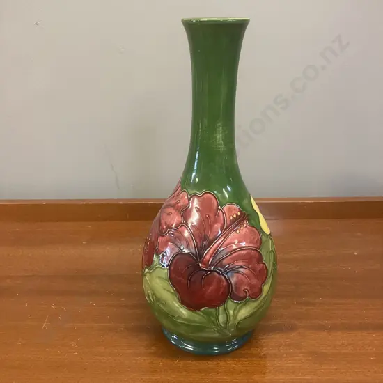 Moorcroft Pottery Hibiscus Pattern On Olive Green Slender Neck Vase. H27cm