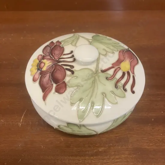 Moorcroft Fuschia Pattern Circular Lidded Trinket Dish, Signed. 12cm