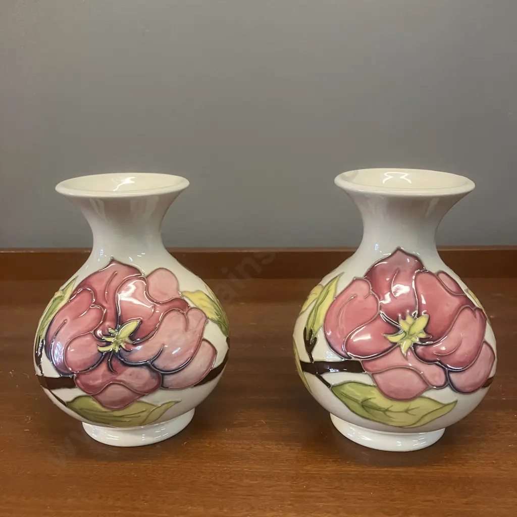 Pair of Moorcroft Magnolia Pattern Posy Vases. 13.5cm (1 Has a Chipped Rim) Image 1++