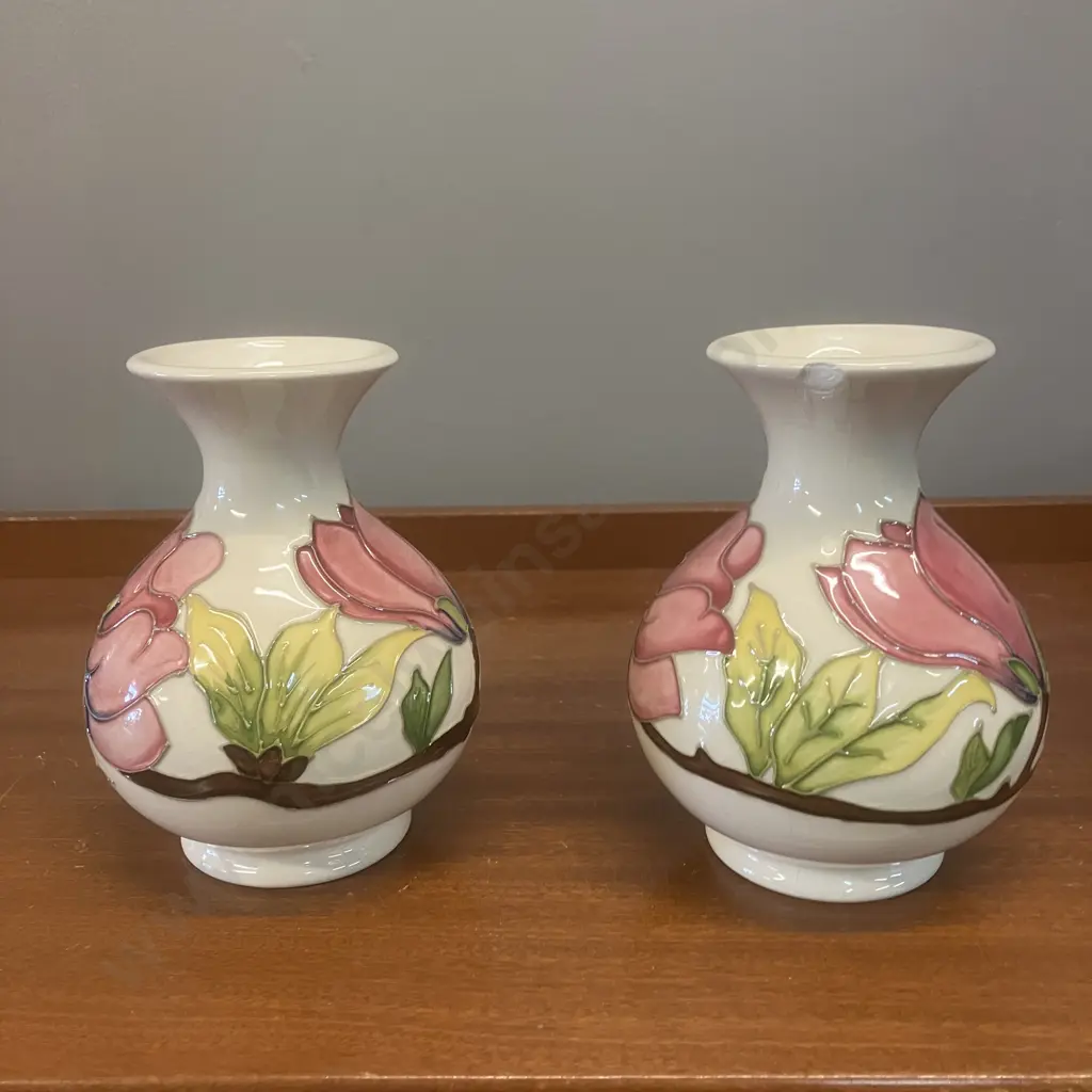Pair of Moorcroft Magnolia Pattern Posy Vases. 13.5cm (1 Has a Chipped Rim) Image 1++