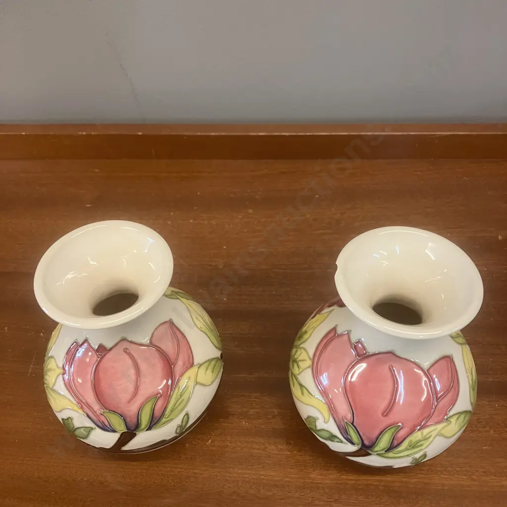 Pair of Moorcroft Magnolia Pattern Posy Vases. 13.5cm (1 Has a Chipped Rim) Image 1++