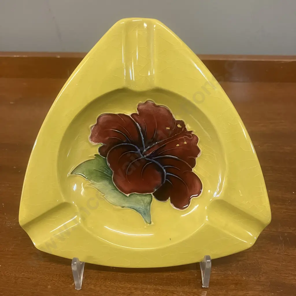 Moorcroft Pottery Hibiscus Pattern On Yellow Triangular Ashtray. 14cm Image 1++