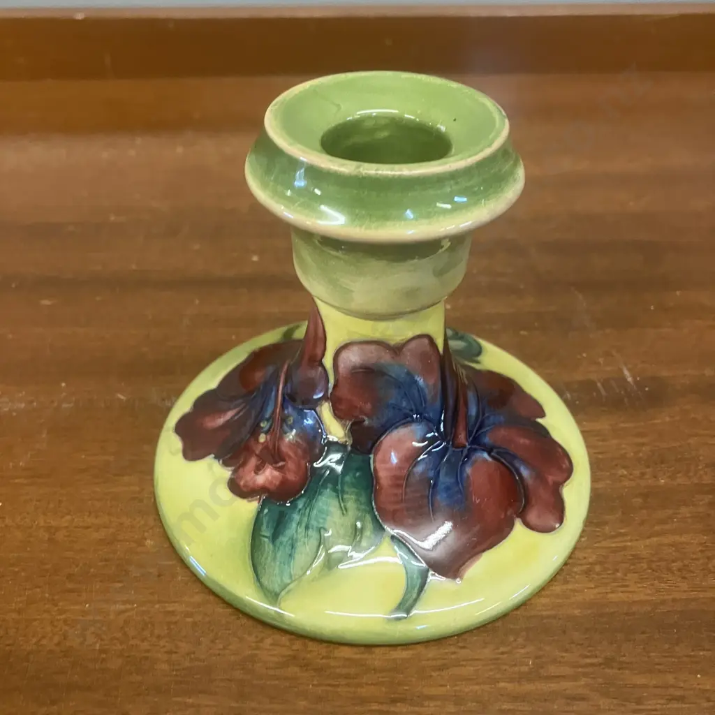 Moorcroft Pottery Hibiscus Pattern Squat Candlestick With Queen Mary Label. 8.5cm Image 1++